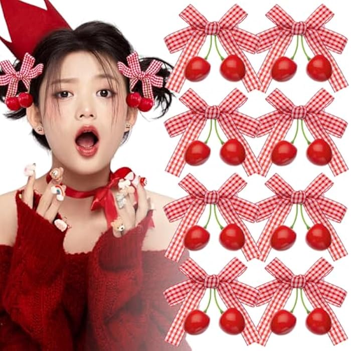 BASEMMAHER 8 Pcs cherry Bow Hair Clips Hair Accessories Red White Bow Hairpin Alligator Hair Barrettes Plaid Bows Clips for Women Girls Christmas Party Hair Decoration - Image 1